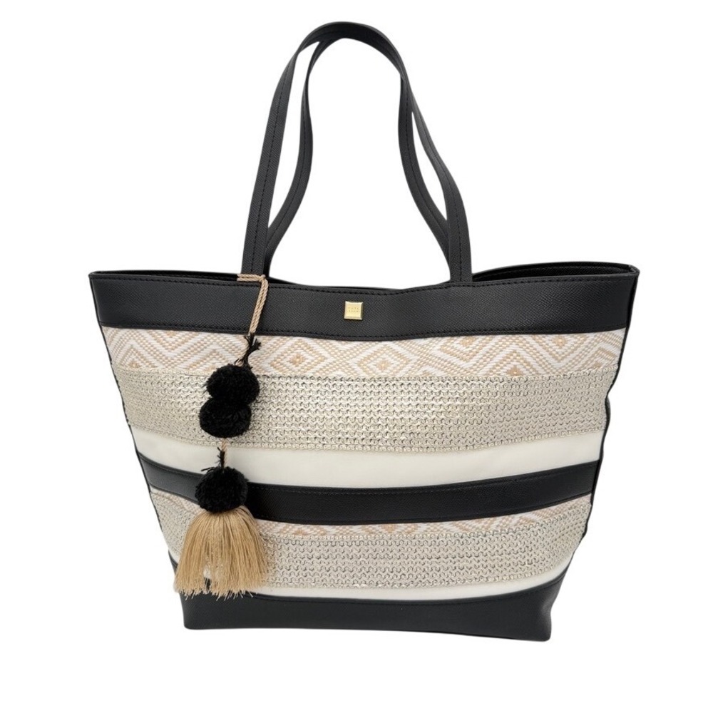 Kate Landry Woven Straw Beach Tote Bag Black Trim Pom Pom Tassel Large NWOT‎